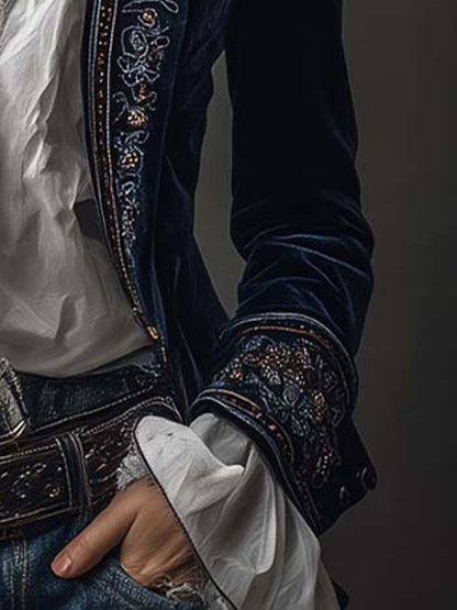 Athénaïs | Elegante Giacca Lunga Vintage Ricamata Blu Navy