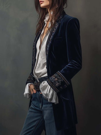 Athénaïs | Elegante Giacca Lunga Vintage Ricamata Blu Navy