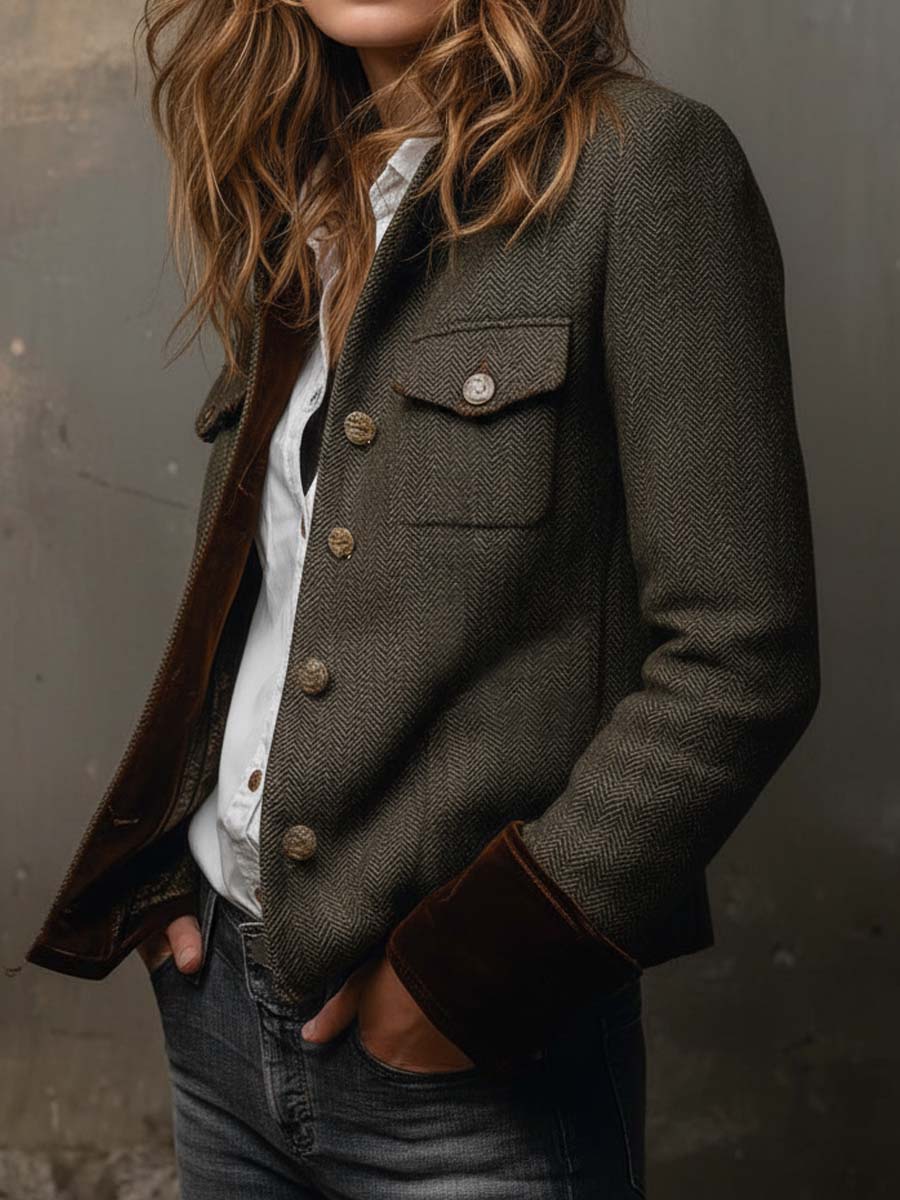 Honorine | Elegante blazer vintage a chevron con bordini a contrasto