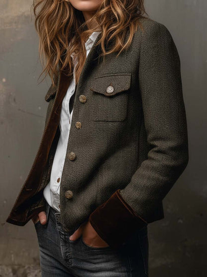 Honorine | Elegante blazer vintage a chevron con bordini a contrasto