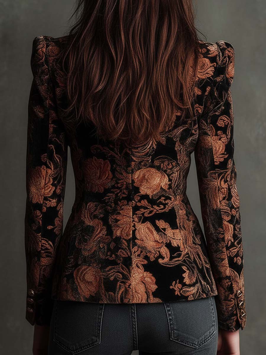 Bertille | Elegante blazer da tailleur floreale nero e bronzo