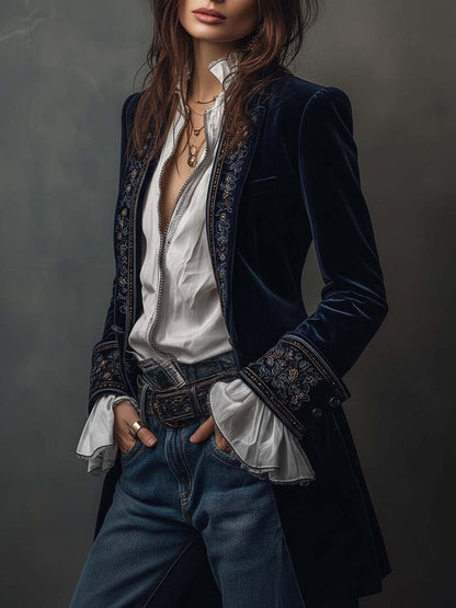 Athénaïs | Elegante Giacca Lunga Vintage Ricamata Blu Navy