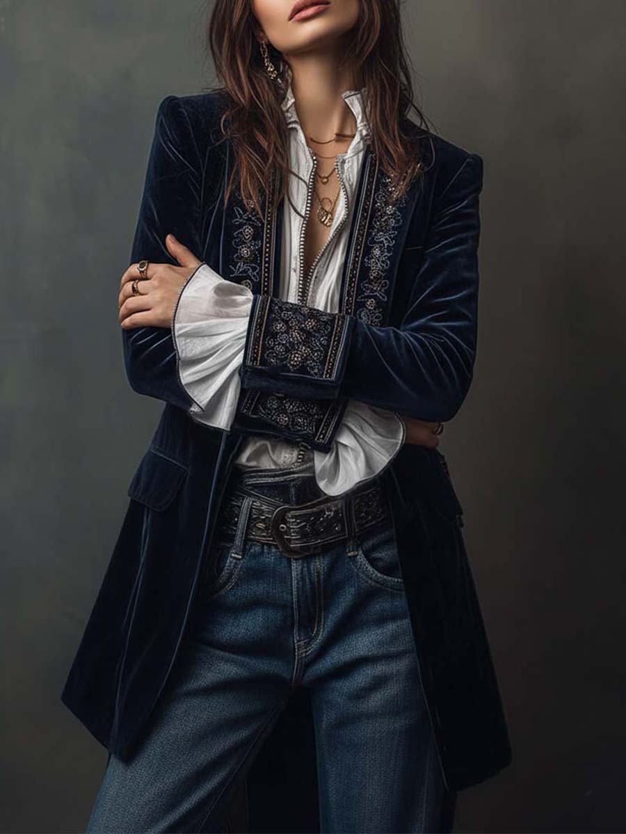 Athénaïs | Elegante Giacca Lunga Vintage Ricamata Blu Navy