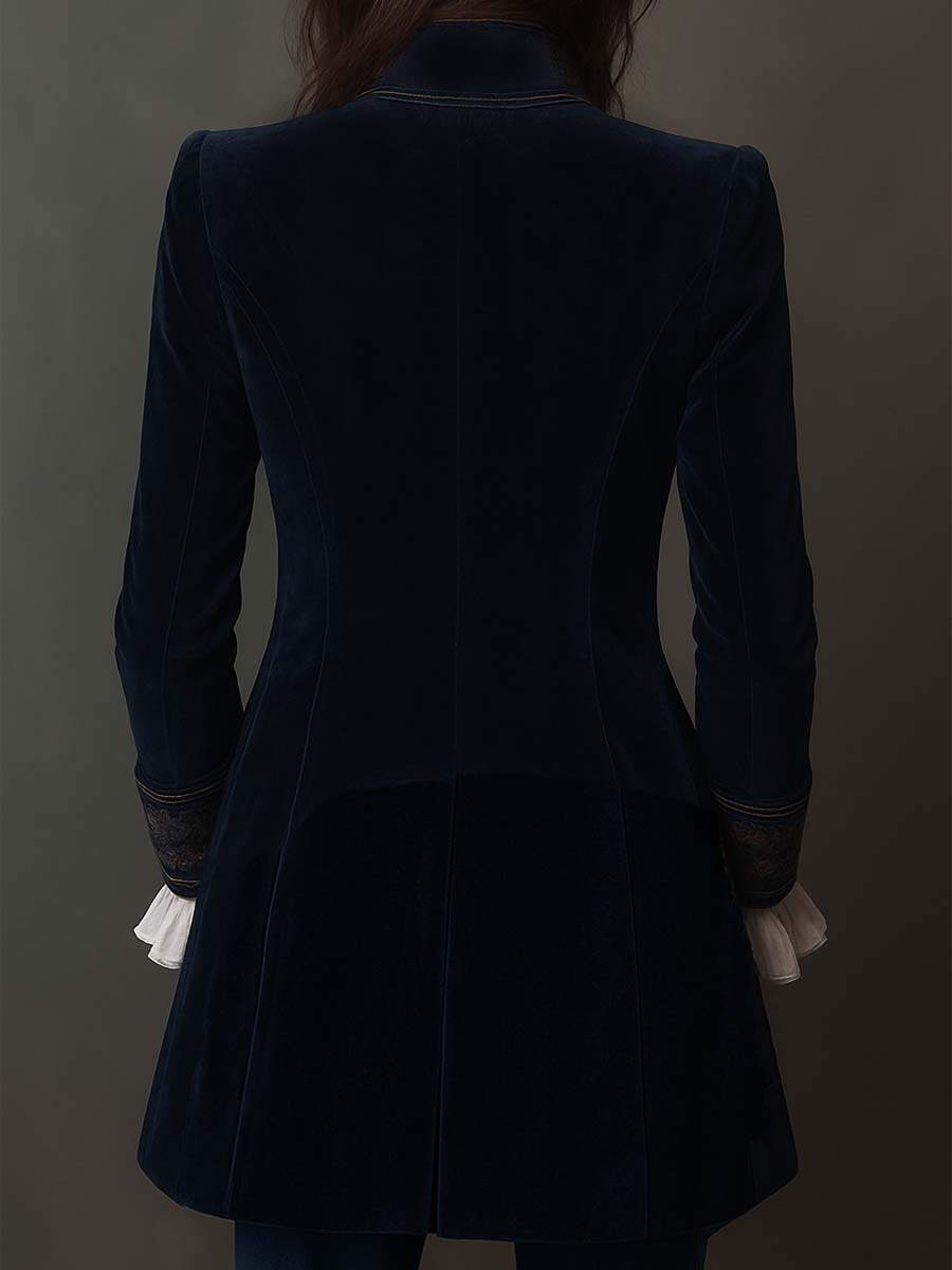 Athénaïs | Elegante Giacca Lunga Vintage Ricamata Blu Navy