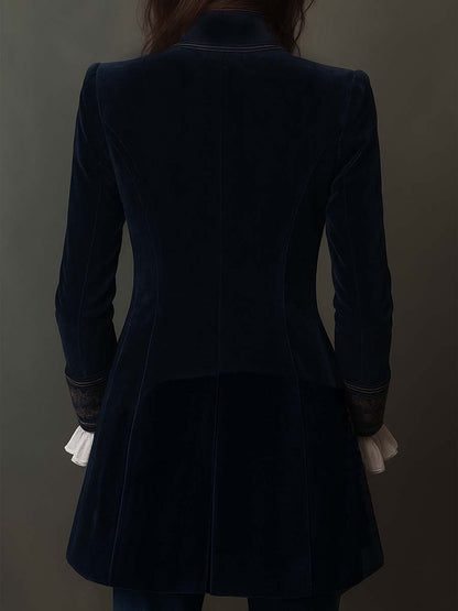 Athénaïs | Elegante Giacca Lunga Vintage Ricamata Blu Navy