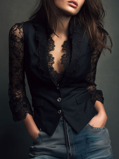 Noémie | Elegante blazer nero con maniche semitrasparenti
