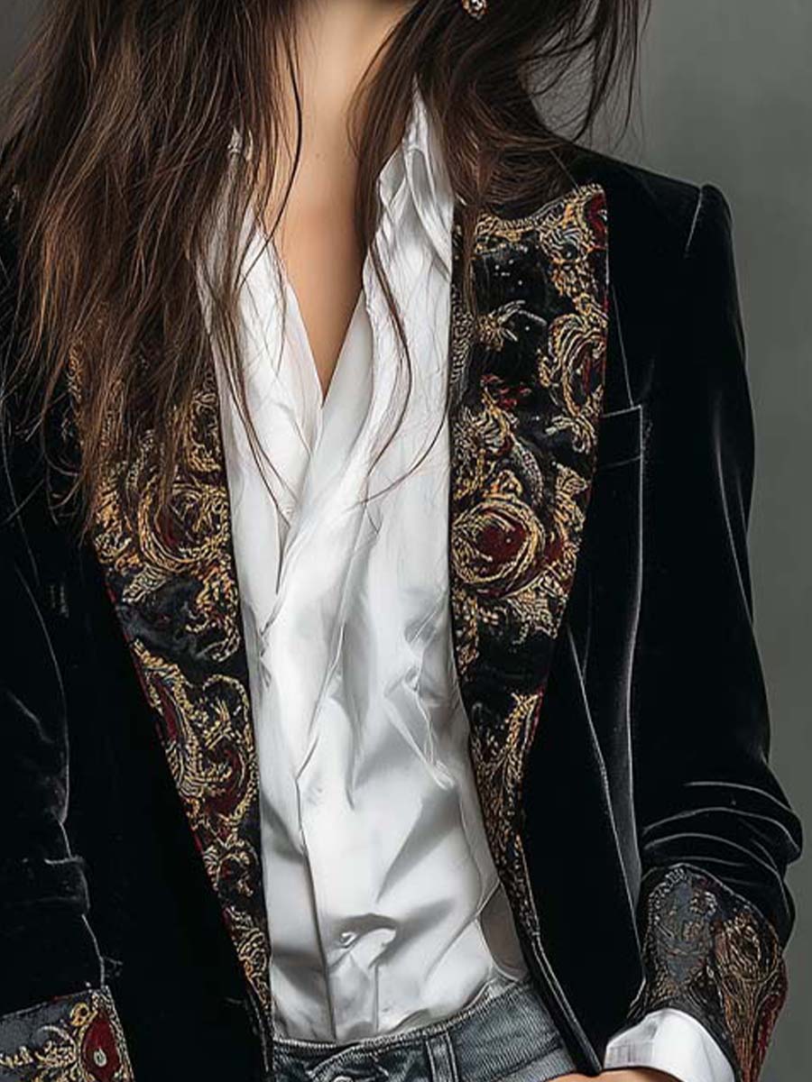 Léontine | Blazer nero aderente con elegante stampa barocca