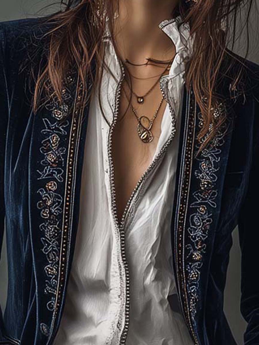 Athénaïs | Elegante Giacca Lunga Vintage Ricamata Blu Navy
