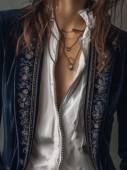 Athénaïs | Elegante Giacca Lunga Vintage Ricamata Blu Navy