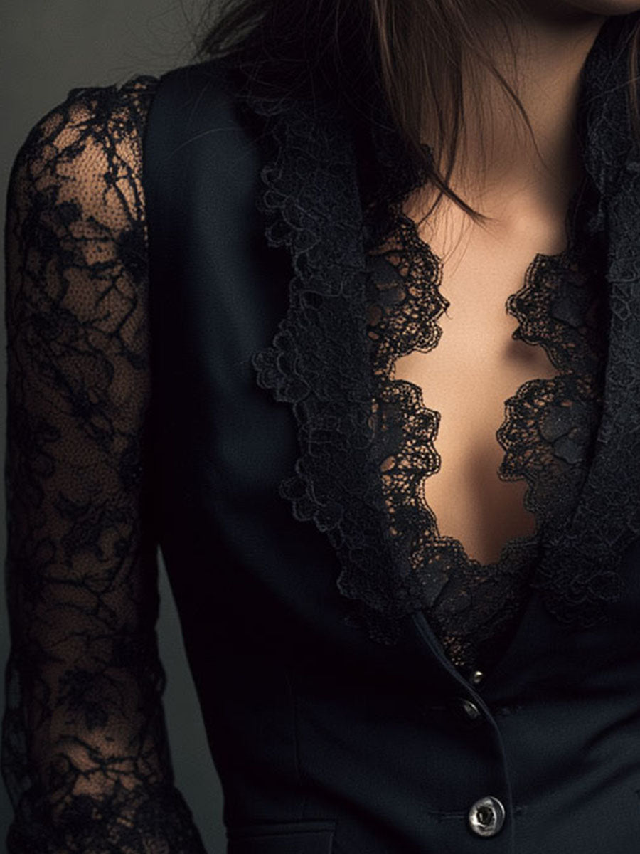 Noémie | Elegante blazer nero con maniche semitrasparenti