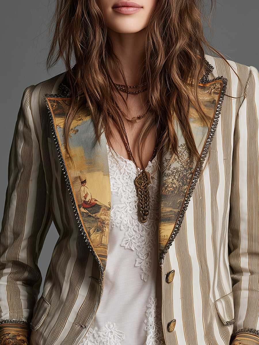 Suzanne | Elegante blazer bohémien a righe con colletto stampato