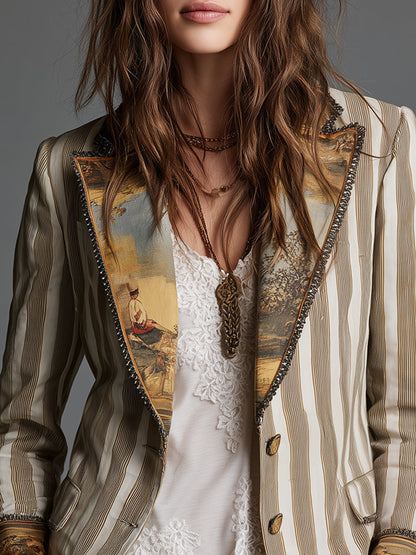Suzanne | Elegante blazer bohémien a righe con colletto stampato