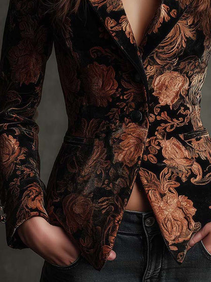 Bertille | Elegante blazer da tailleur floreale nero e bronzo