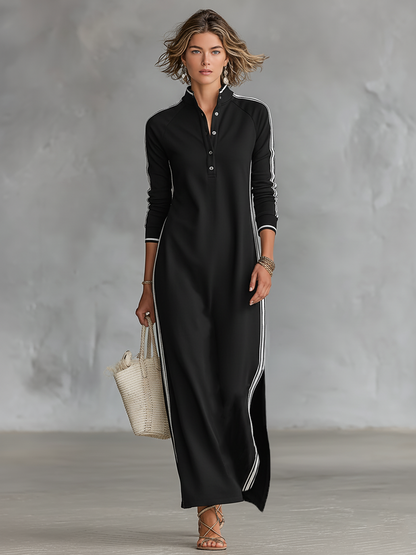 Abito Maxi Donna in Felpa con Colletto Button-Down e Dettagli Bianchi