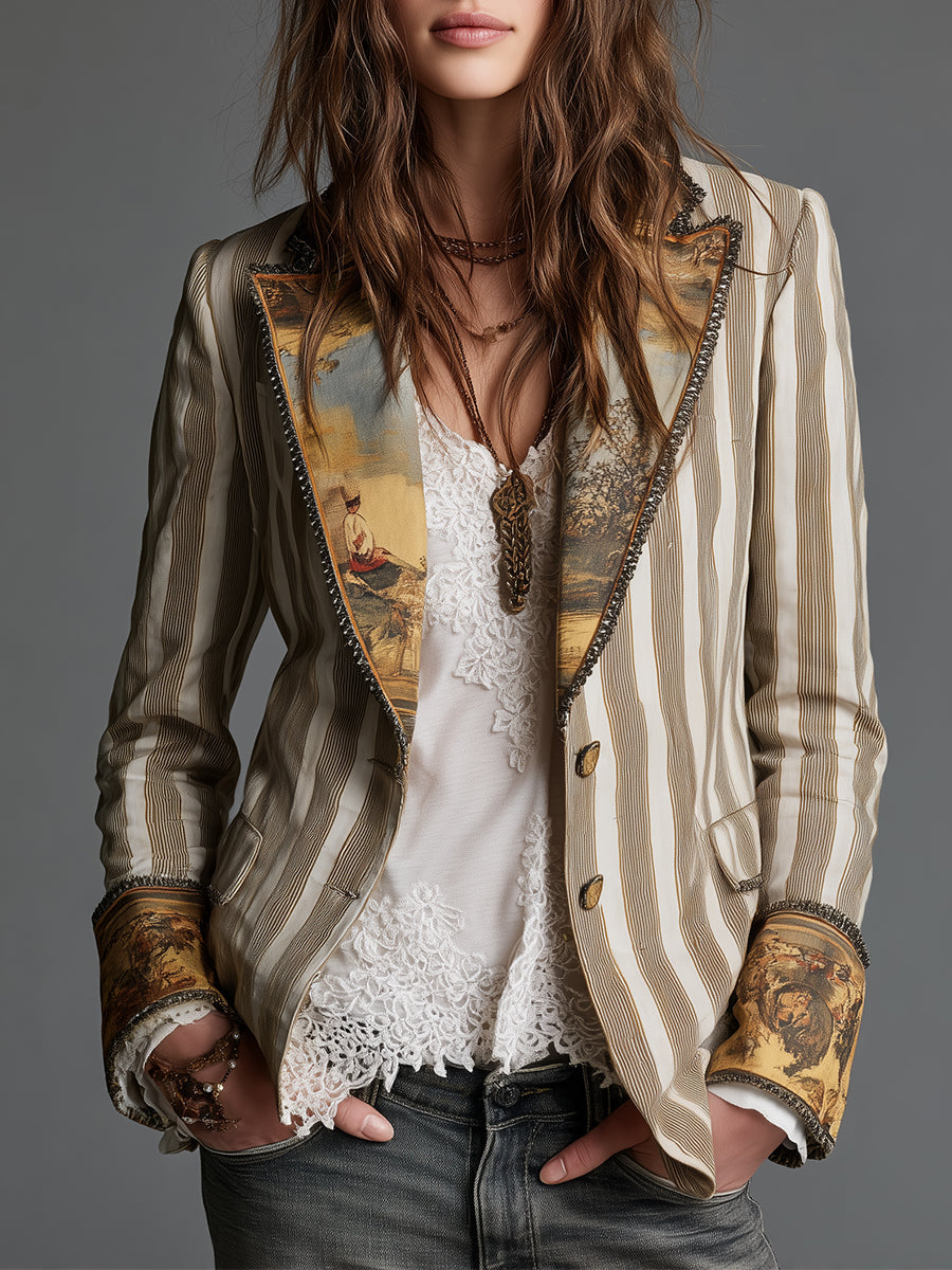 Suzanne | Elegante blazer bohémien a righe con colletto stampato