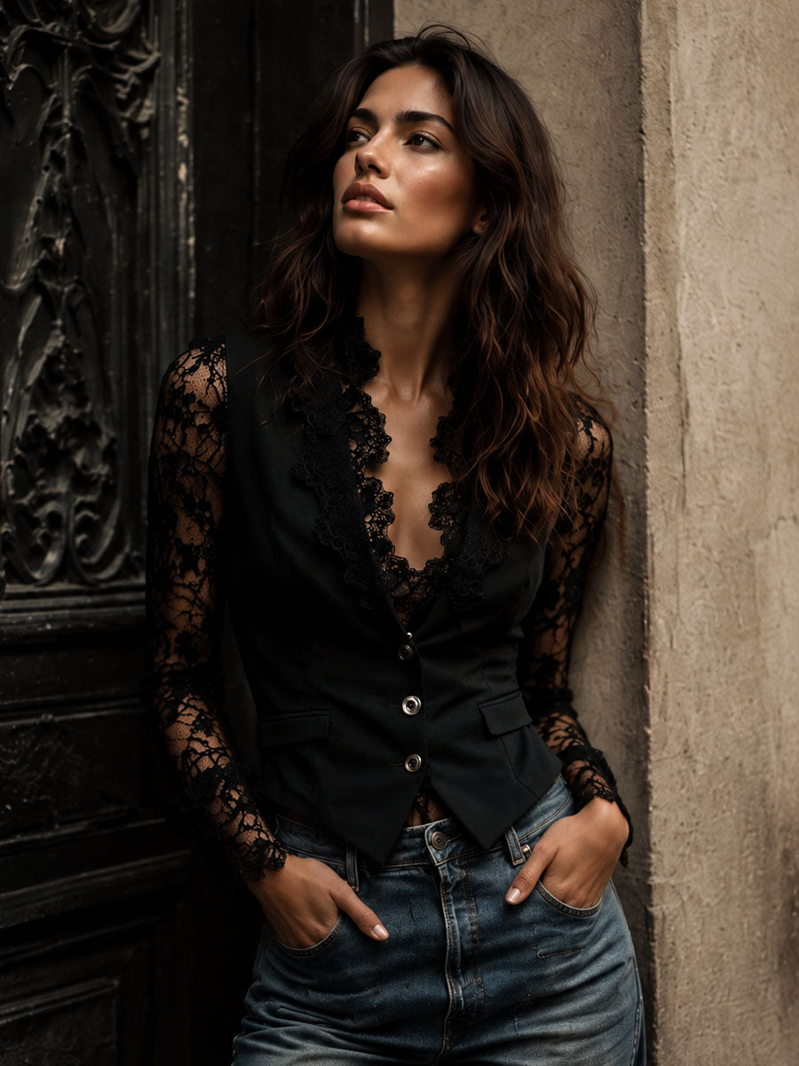 Noémie | Elegante blazer nero con maniche semitrasparenti