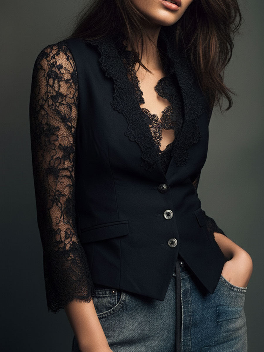 Noémie | Elegante blazer nero con maniche semitrasparenti