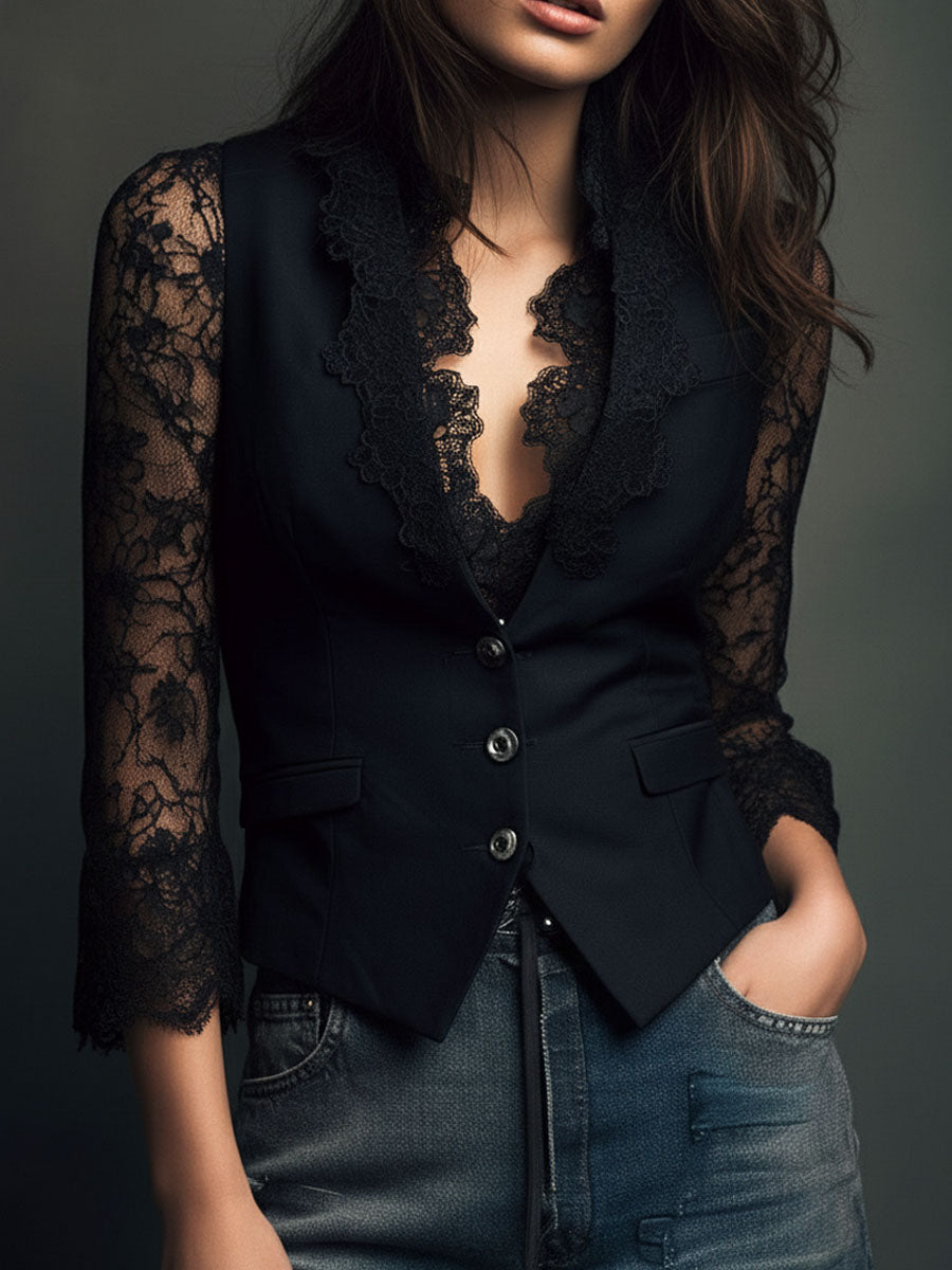 Noémie | Elegante blazer nero con maniche semitrasparenti