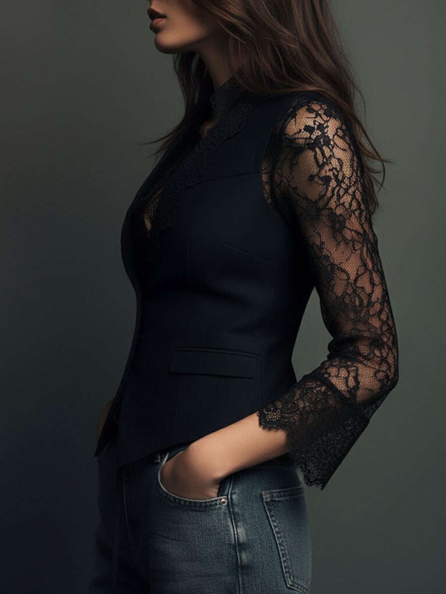 Noémie | Elegante blazer nero con maniche semitrasparenti