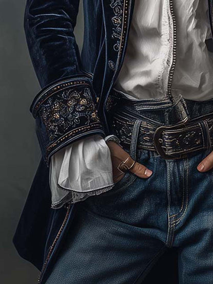 Athénaïs | Elegante Giacca Lunga Vintage Ricamata Blu Navy