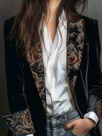 Léontine | Blazer nero aderente con elegante stampa barocca