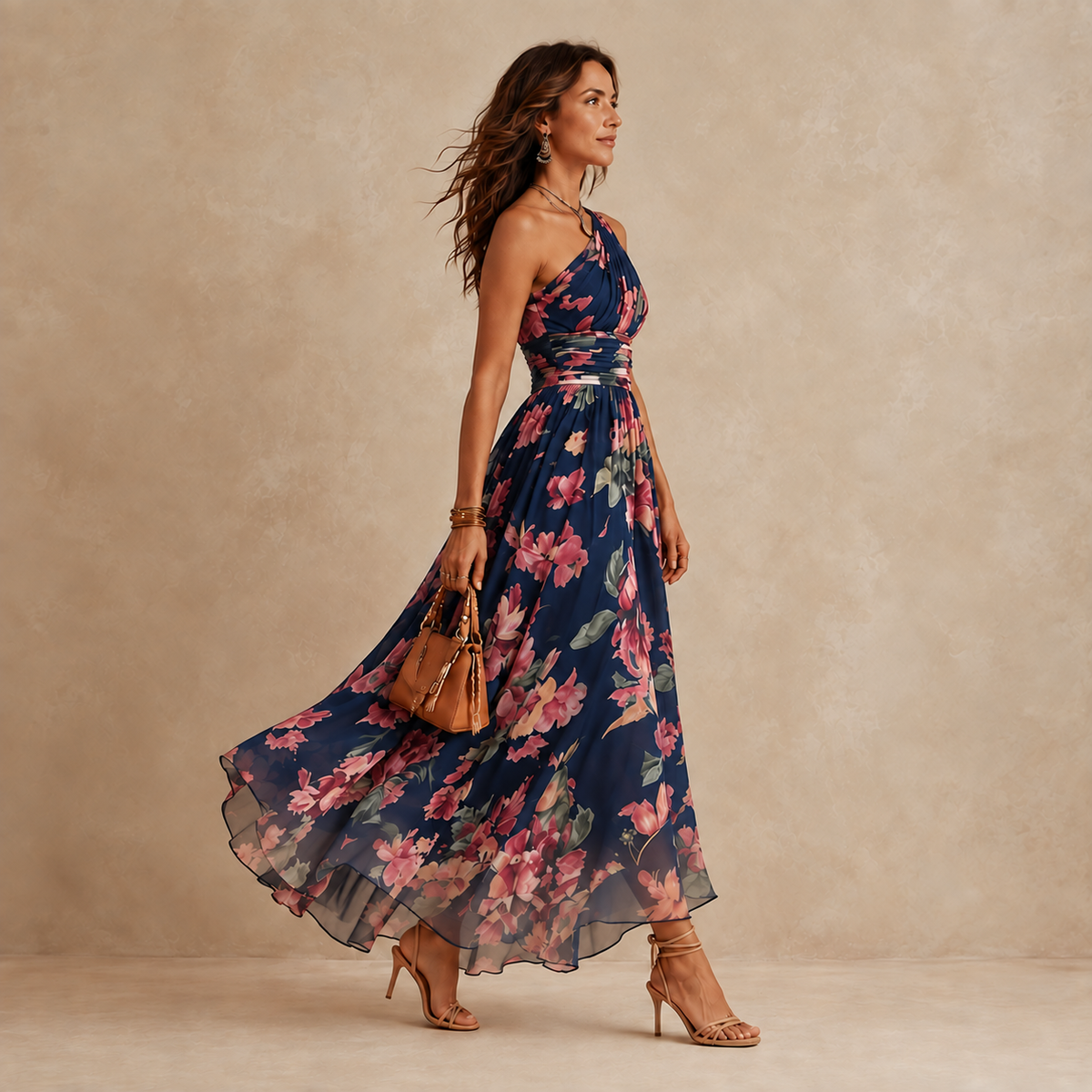 Celeste | Maxi abito floreale monospalla