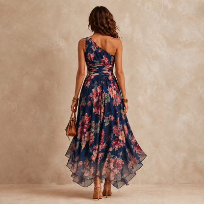 Celeste | Maxi abito floreale monospalla