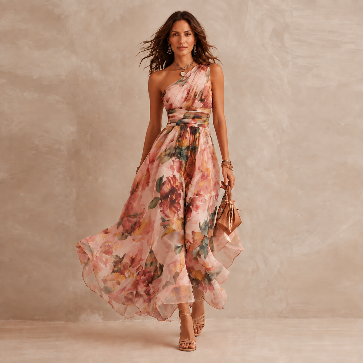 Celeste | Maxi abito floreale monospalla