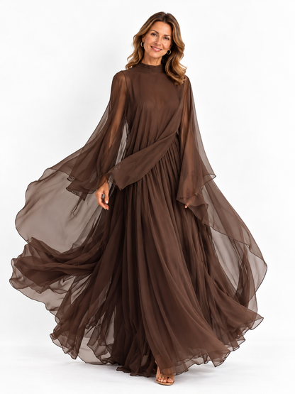 Abito in Chiffon Marrone Ricco per Donne con Silhouette Maxi Fluttuante e Design a Mantella, Stile Elegante e Glamour Moderno
