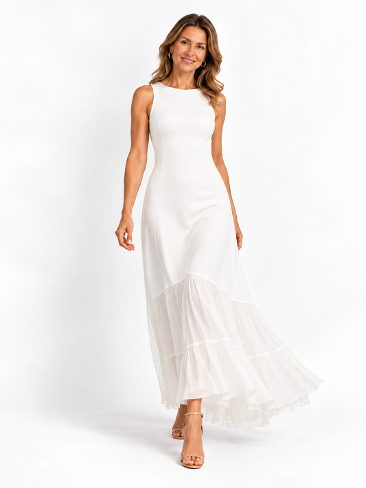 Elegante abito bianco senza maniche per donne in seta di latte e pannelli in chiffon