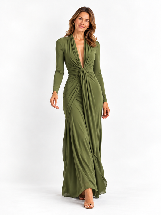 Abito Maxi Glamour Verde Oliva in Seta Elastico con Profondo Scollo a V e Dettagli Arricciati