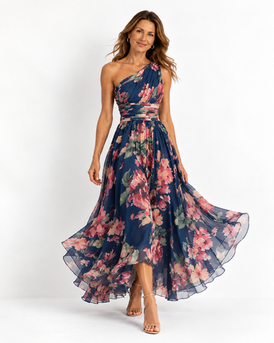 Celeste | Maxi abito floreale monospalla