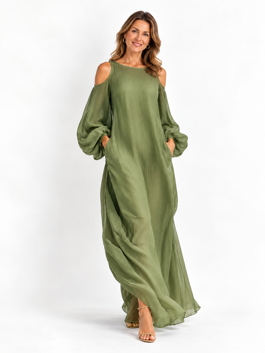 Abito maxi donna verde chiaro con spalle scoperte, maniche a sbuffo oversize e tasche laterali