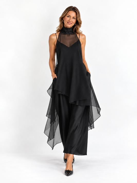 Abito Slip in Fibra di Acetato Finta Minimalista Nera Abbinato a un Cover-up in Chiffon Abito Lungo Set Due Pezzi