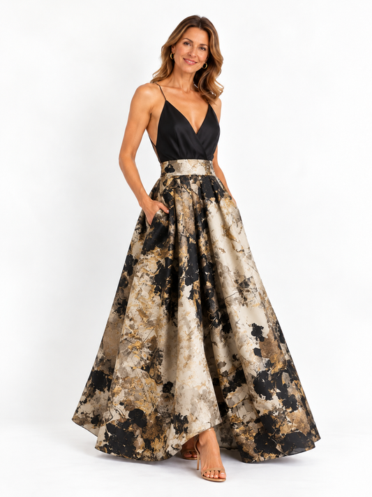 Abito Maxi Elegante Donna Nero e Beige Stampa Astratta Scollo a V con Spalline