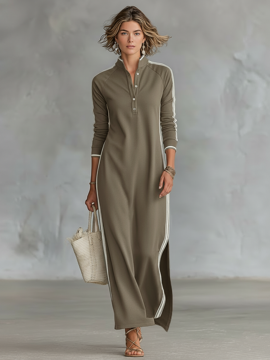 Abito Maxi Donna in Felpa con Colletto Button-Down e Dettagli Bianchi
