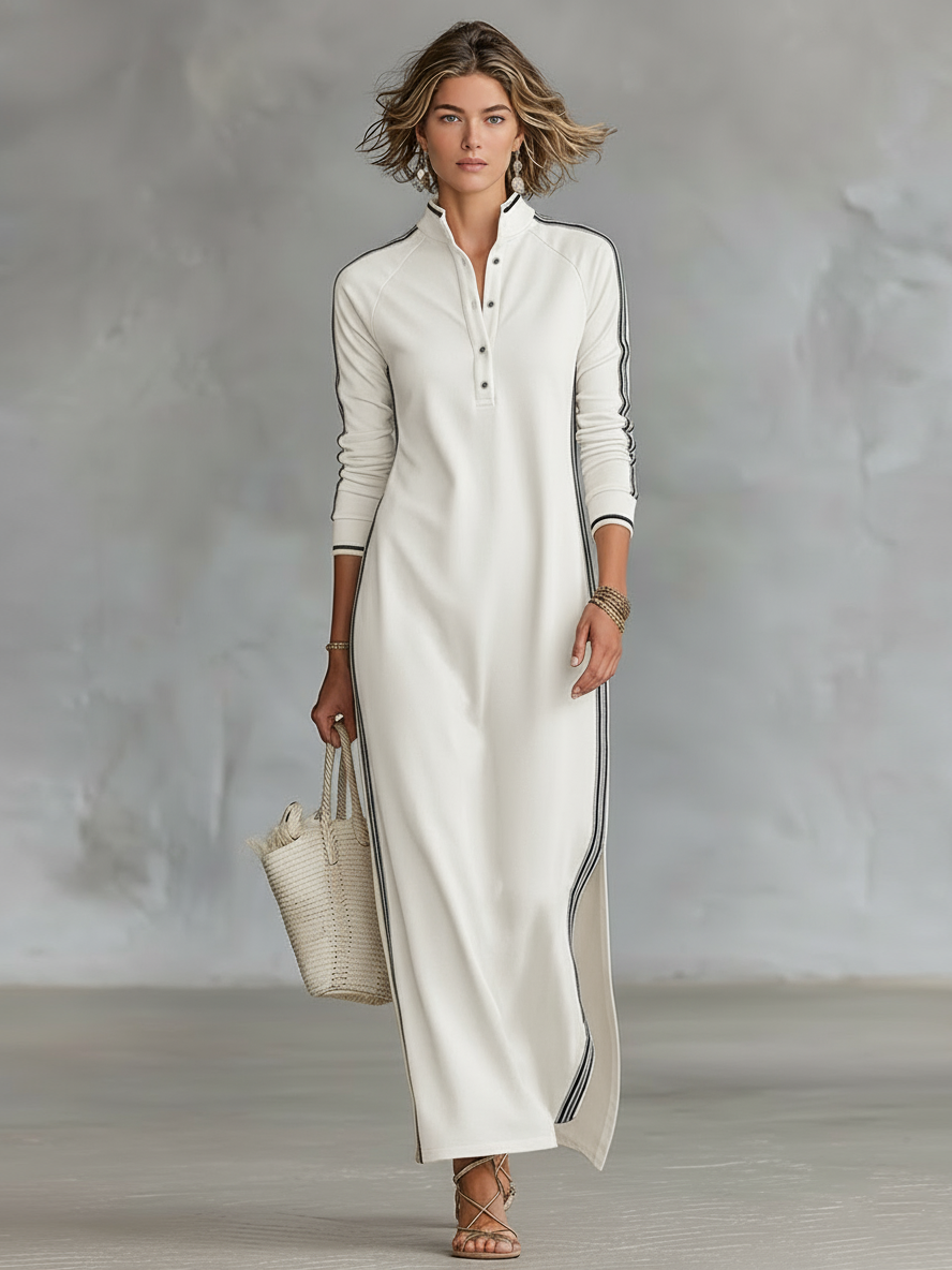Abito Maxi Donna in Felpa con Colletto Button-Down e Dettagli Bianchi