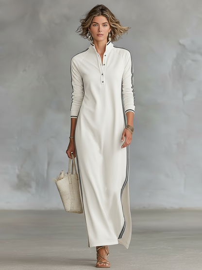 Abito Maxi Donna in Felpa con Colletto Button-Down e Dettagli Bianchi