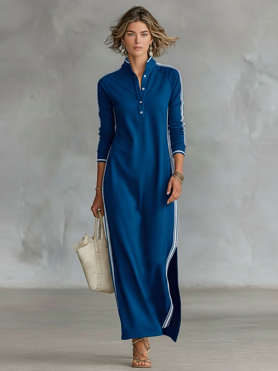 Abito Maxi Donna in Felpa con Colletto Button-Down e Dettagli Bianchi