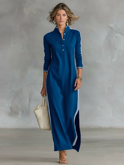 Abito Maxi Donna in Felpa con Colletto Button-Down e Dettagli Bianchi
