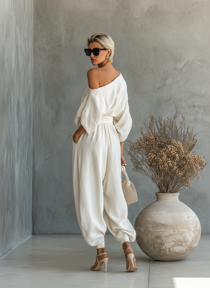 Set Donna in Lino Off-White con Top Off-Shoulder e Pantaloni Tapered