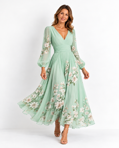 Abito maxi in chiffon floreale plissé