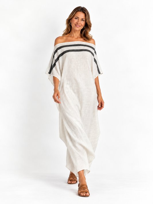 Rossella - Abito Maxi Dritto Bianco con Spalle Scoperte e Maniche a Pipistrello