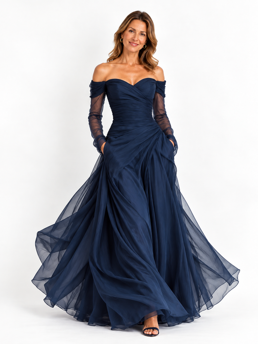Abito Maxi Elegante in Chiffon Organza Blu Scuro con Maniche Lunghe e Spalle Scoperte per Donne