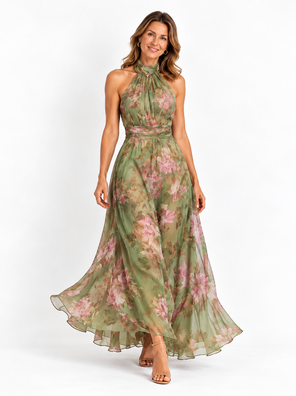 Serena ∙ Abito lungo verde a fiori in chiffon con scollatura all'americana