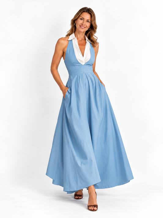 Abito lungo senza maniche in azzurro chiaro tessuto con colletto elegante per donne