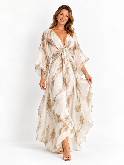 Abito Maxi in Chiffon Avorio e Taupe con Maniche Dolman e Davanti Intrecciato con Stampa Foglia di Palma