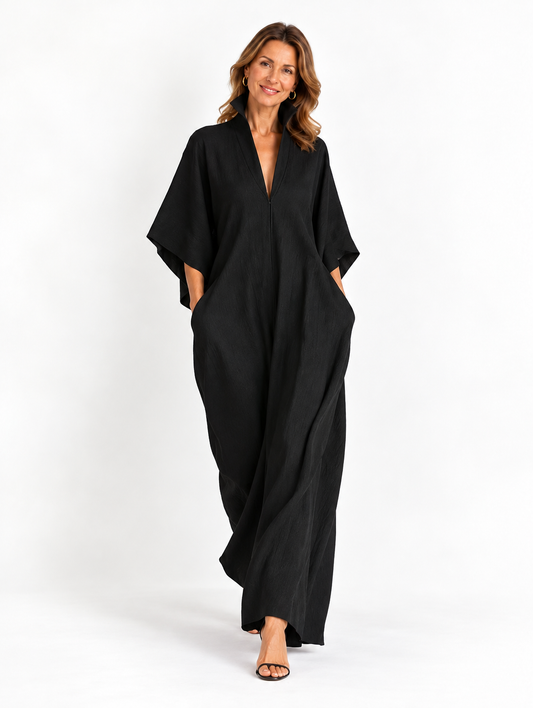 Alessandra • Vestito lungo nero oversize minimalista con maniche a kimono