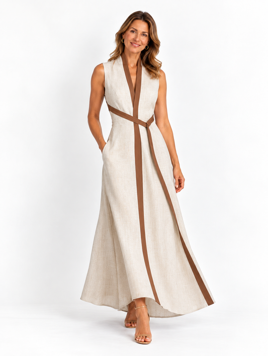 Abito Maxi in Cotone e Lino Senza Maniche con Scollatura a V e Cintura da Annodare per Donne