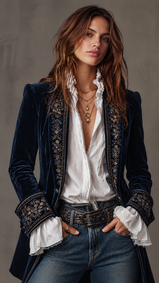 Athénaïs | Elegante Giacca Lunga Vintage Ricamata Blu Navy